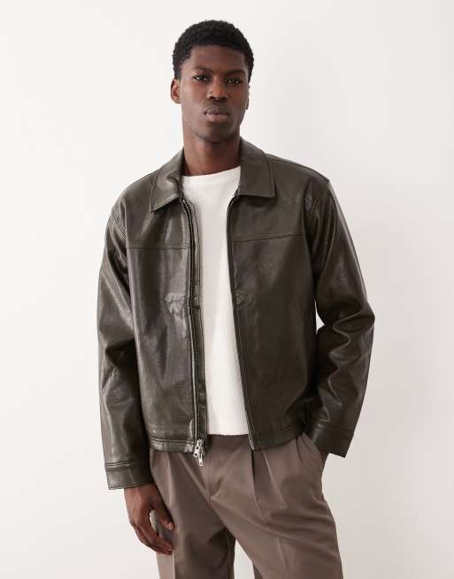 Abercrombie & Fitch – Ciemnozielona krótka kurtka zapinana na zamek z imitacji skóry