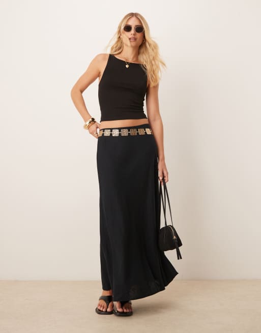 Abercrombie & Fitch – Cięta ze skosu lniana czarna spódnica maxi