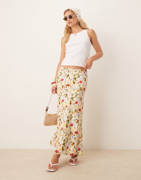 Abercrombie & Fitch bias cut linen blend maxi skirt in vegetable print