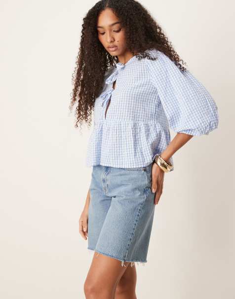 Abercrombie & Fitch classic mid rise bermuda shorts with frayed hem in mid wash blue - view 1