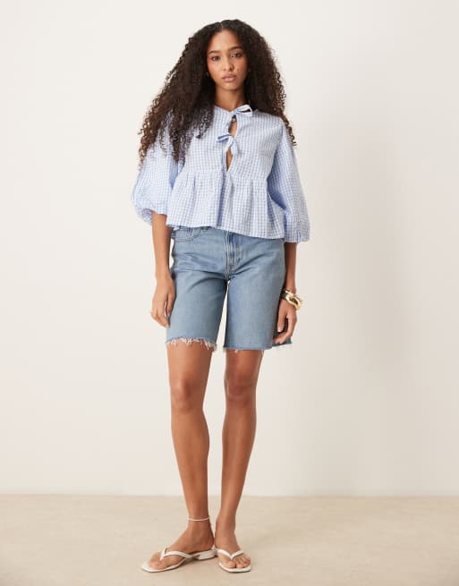 Abercrombie & Fitch classice mid rise bermuda shorts with frayed hem in mid wash blue