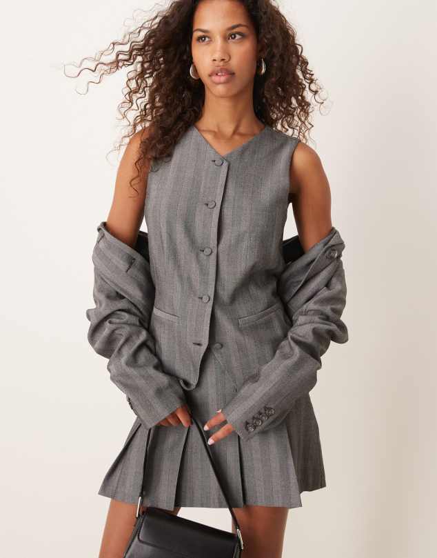 Abercrombie & Fitch co-ord button front tailored vest in striped grey herringbone