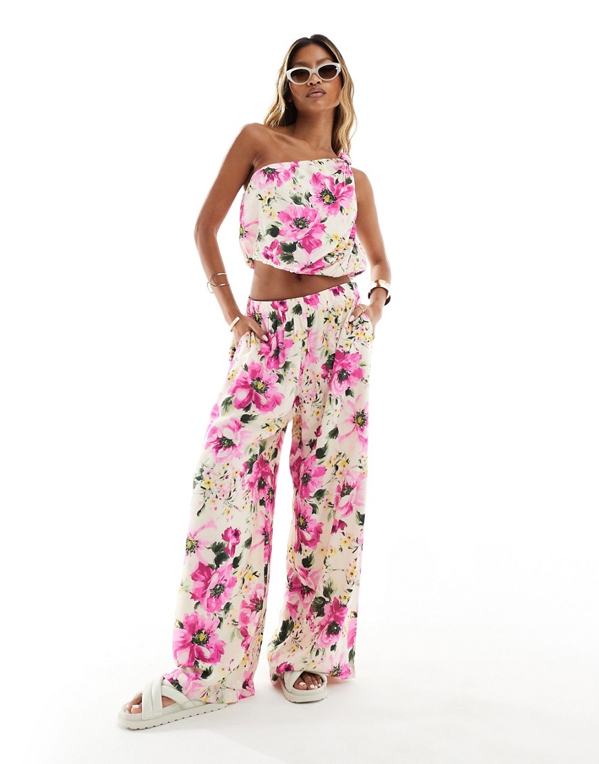 Abercrombie & Fitch co-ord crinkle wide leg trousers in pink floral print