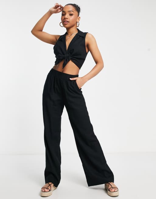 Abercrombie & Fitch co-ord elasticated waist linen trouser in black | ASOS