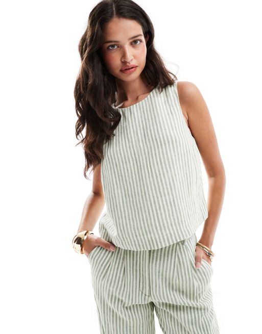 Abercrombie & Fitch co-ord linen blend striped top in green and white