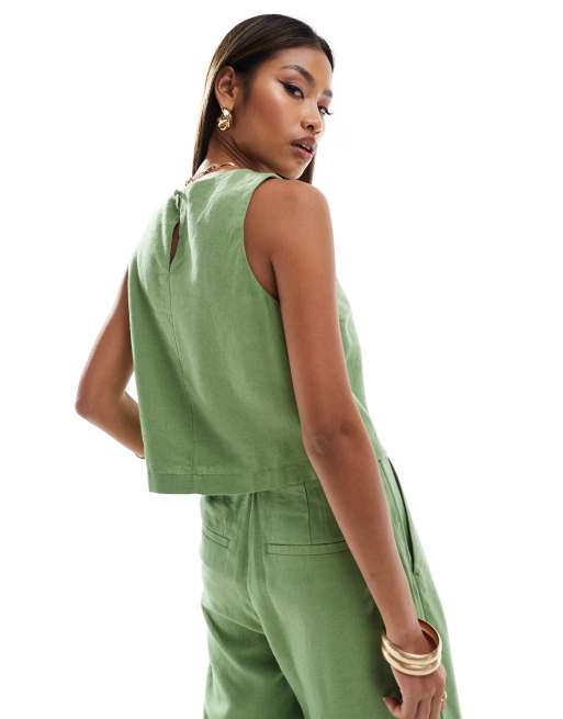 Abercrombie & Fitch co-ord linen blend top in green, 4 of 4
