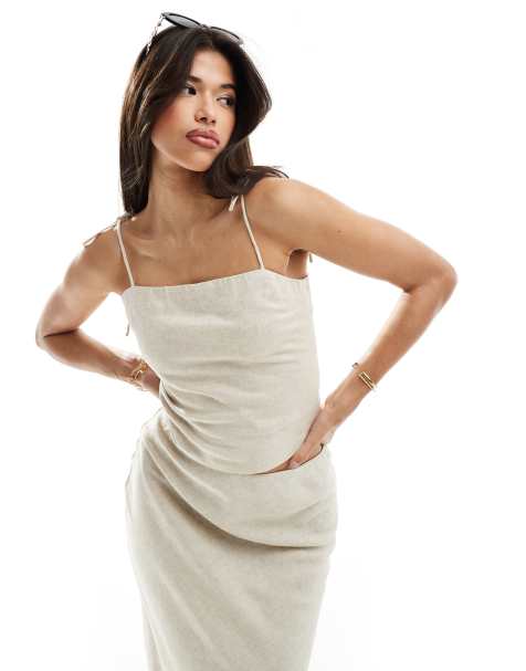 Abercrombie & Fitch co-ord linen blend top with tie shoulder detailing in oatmeal - view 1