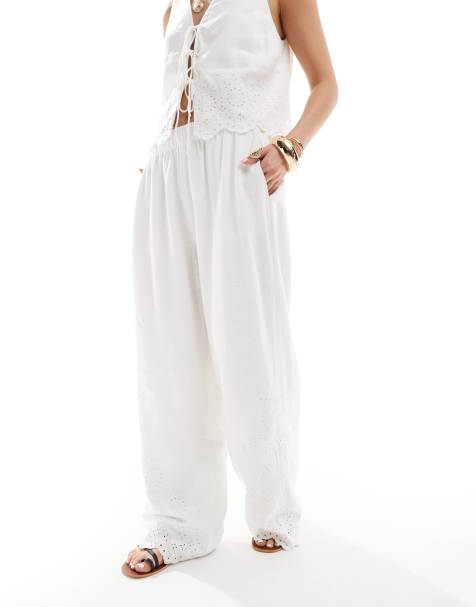 Abercrombie & Fitch co-ord linen blend wide leg trouser in white with eyelet detailing - view 1