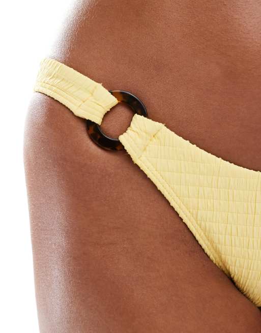 Abercrombie & Fitch co-ord o-ring high leg cheeky smocked bikini bottom in yellow, 4 of 4