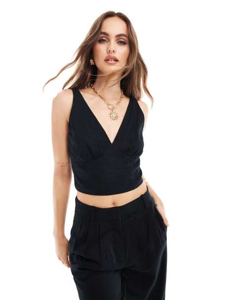Abercrombie & Fitch co-ord plunge neck linen blend top in black - view 1