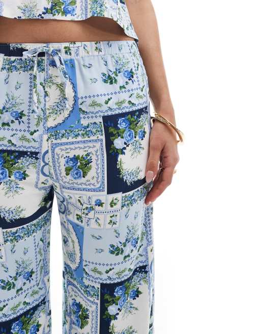 Abercrombie & Fitch co-ord tile print satin trouser in blue, 2 of 5
