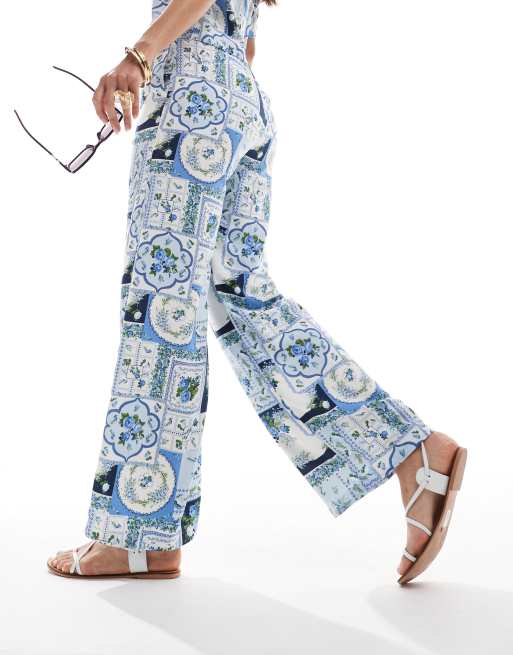 Abercrombie & Fitch co-ord tile print satin trouser in blue, 5 of 5