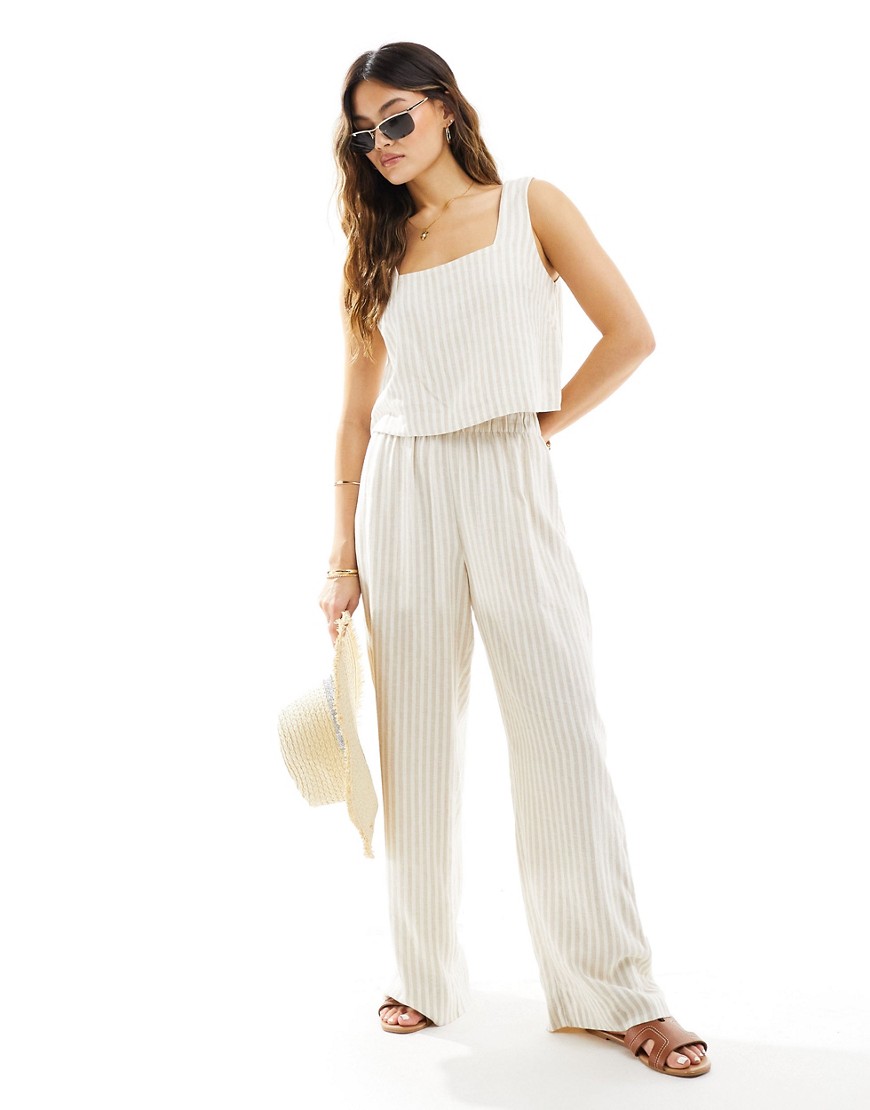 Abercrombie & Fitch co-ord wide leg linen blend trouser with elastic waist in beige and white stripe