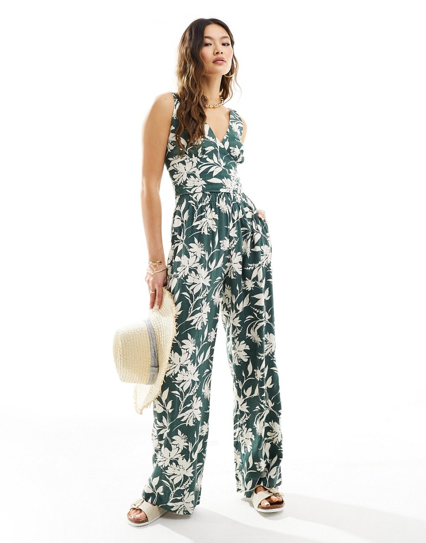 Abercrombie & Fitch co-ord wide leg linen blend trouser with elastic waist in green floral print