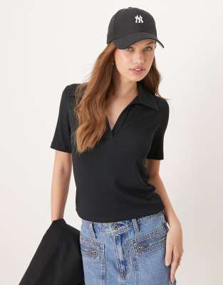 Abercrombie & Fitch collar detail v neck polo in black