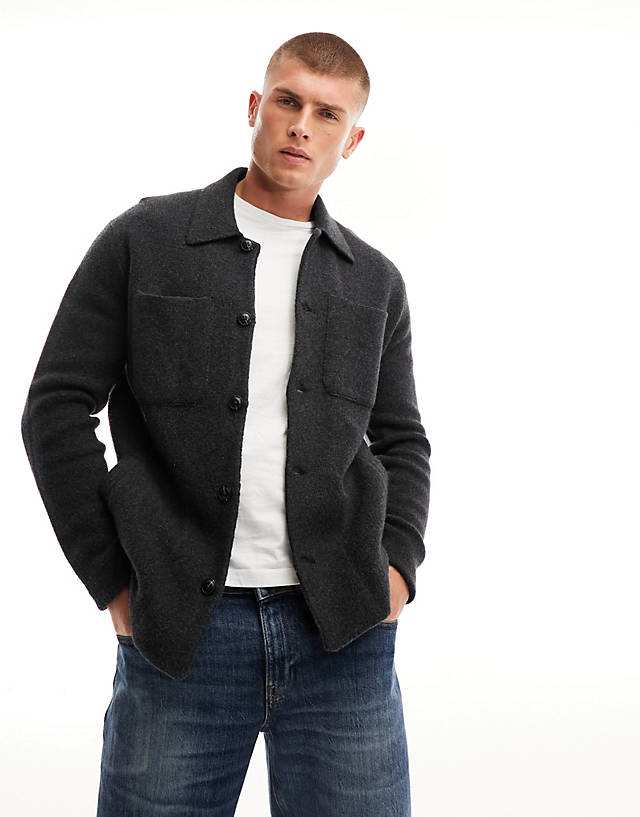 Abercrombie & Fitch - collared knit shirt jacket in charcoal marl