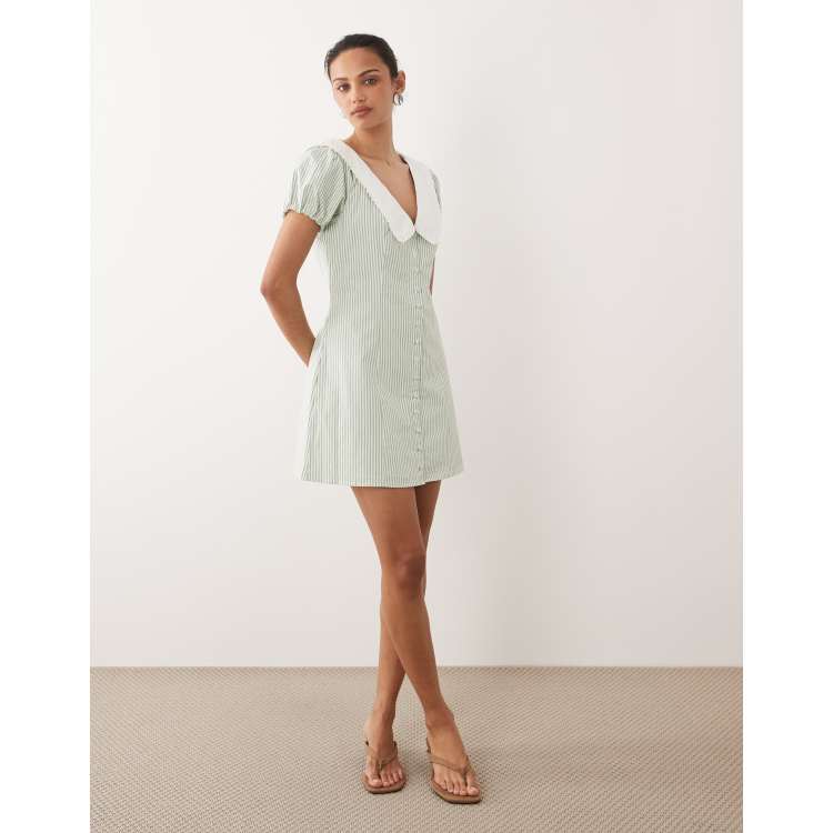 Abercrombie & Fitch collared puff sleeve mini dress in green stripe | ASOS