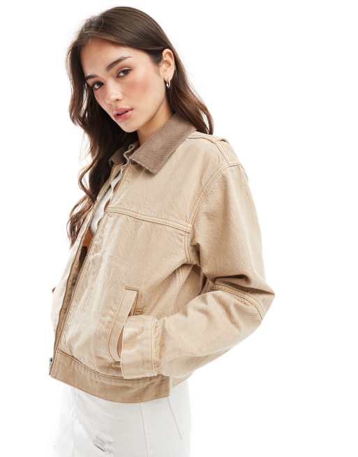 Abercrombie Fitch collared workwear zip up denim jacket in tan ASOS