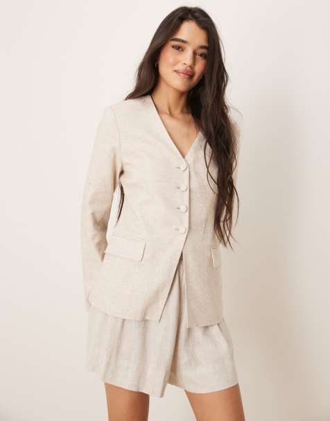 Abercrombie & Fitch collarless nipped linen mix blazer in oatmeal - view 1