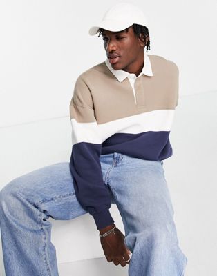 Abercrombie & Fitch colourblock oversized rugby sweatshirt in brown/navy - ASOS Price Checker