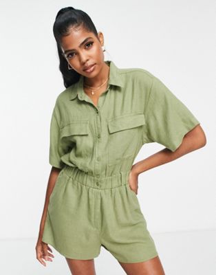 Abercrombie & Fitch knot front relaxed playsuit in green - ASOS Price Checker