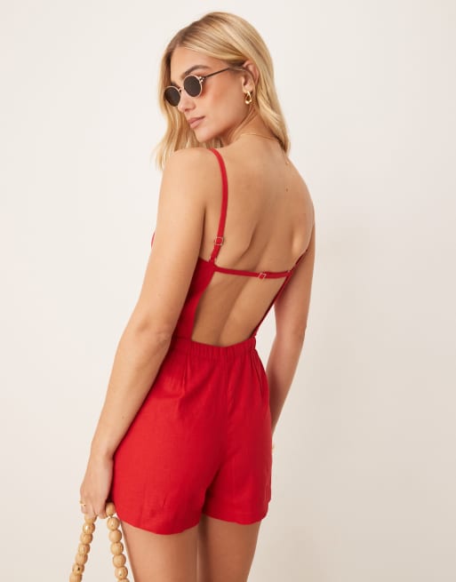 Abercrombie & Fitch - Combishort en lin à encolure carrée - Rouge