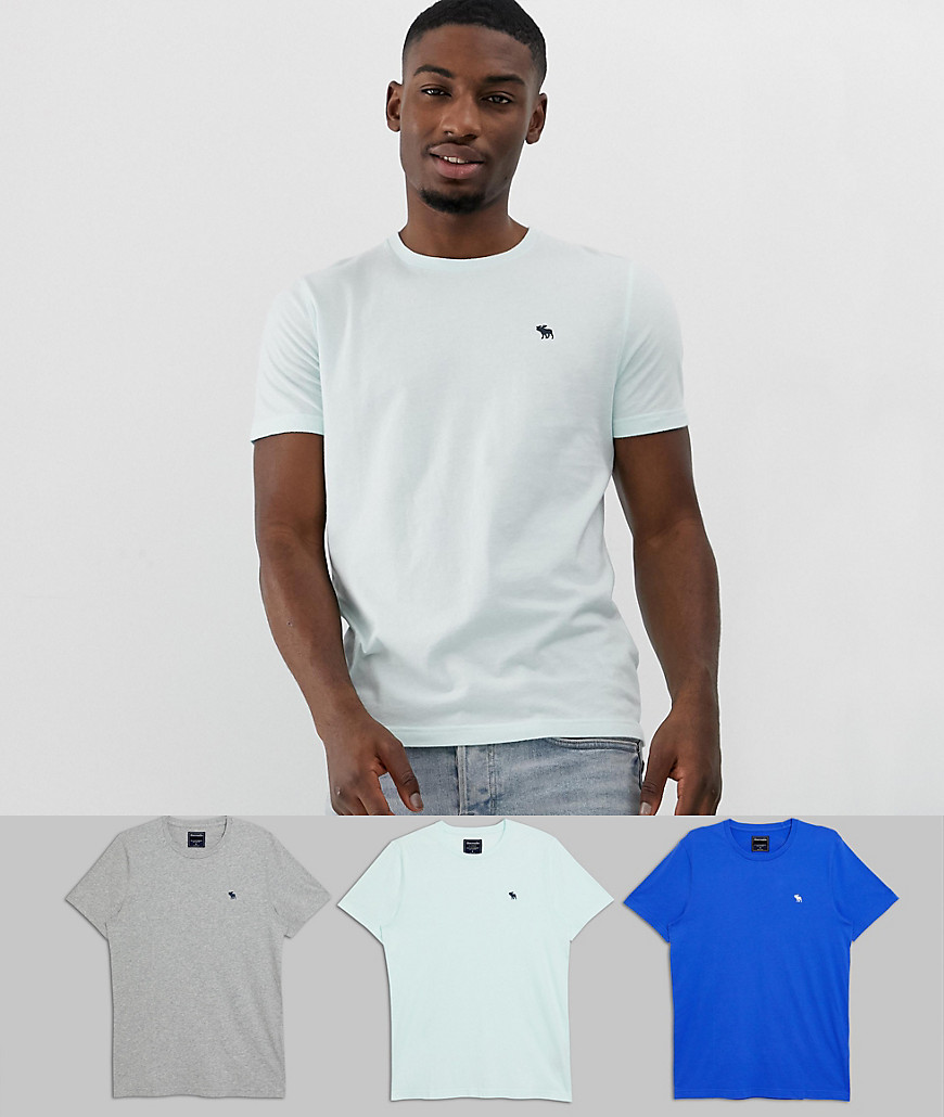 Abercrombie & Fitch - Confezione da 3 T-shirt girocollo grigio/azzurro e blu medio