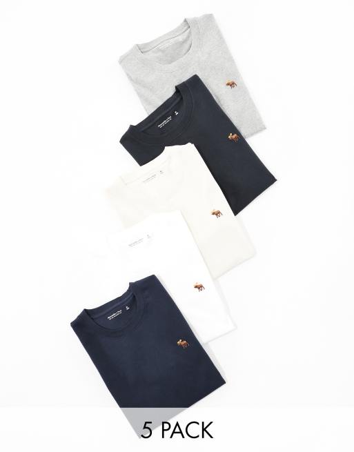 Abercrombie & Fitch - Confezione da 5 t-shirt con logo icona colore nero, blu navy, grigio, crema e bianco