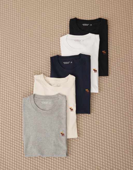 Abercrombie & Fitch - Confezione da 5 t-shirt con logo icona colore nero, blu navy, grigio, crema e bianco