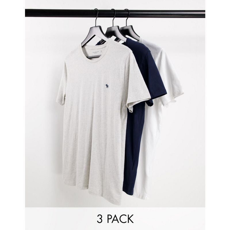  Uomo Abercrombie & Fitch - Confezione da tre T-shirt con logo, colore bianco, blu navy e grigio mélange