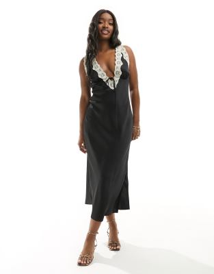 abercrombie lace slip dress Abercrombie & Fitch contrast lace midi slip dress in black