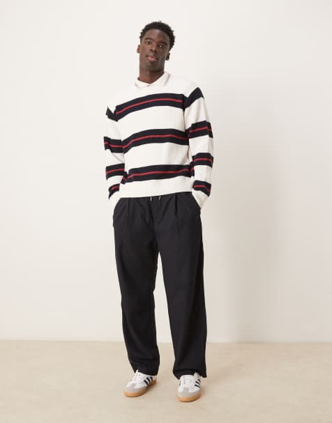 Abercrombie & Fitch contrast stripe crew neck jumper in cream multi - view 1