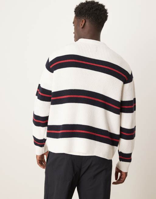 Abercrombie & Fitch contrast stripe crew neck jumper in cream multi, 2 of 4