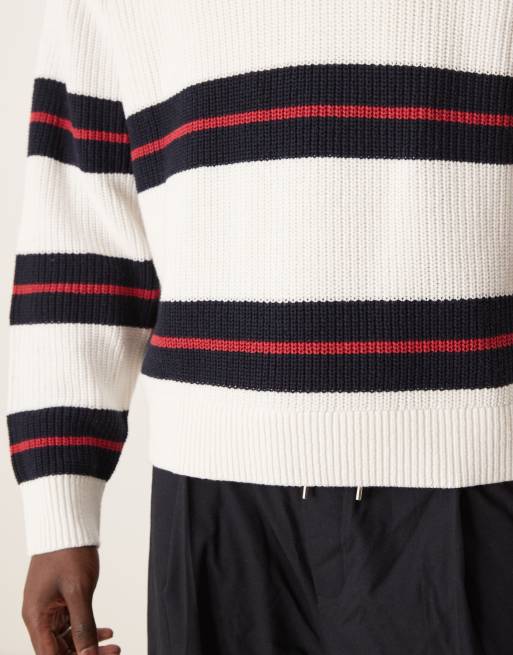 Abercrombie & Fitch contrast stripe crew neck jumper in cream multi, 3 of 4