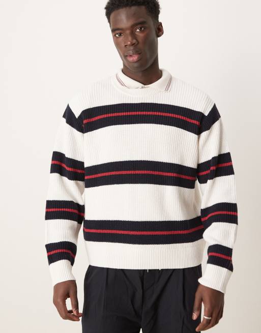 Abercrombie & Fitch contrast stripe crew neck jumper in cream multi, 4 of 4