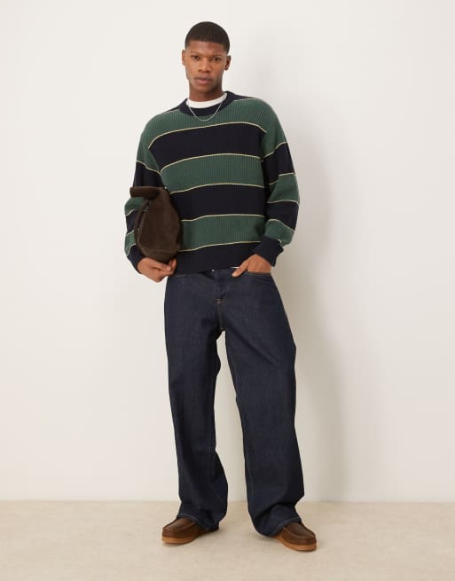 Abercrombie & Fitch contrast stripe crew neck jumper in green multi, 2 of 4