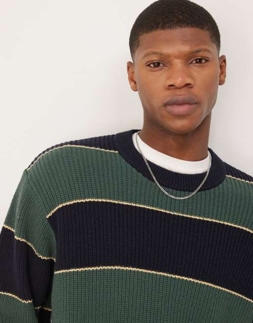 Abercrombie & Fitch contrast stripe crew neck jumper in green multi, 3 of 4