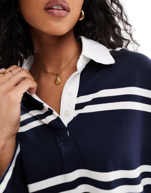 Abercrombie & Fitch contrast stripe rugby top in navy multi, 4 of 4