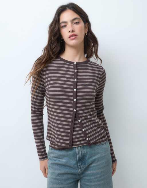 Abercrombie & Fitch coordinato 2 in 1 con cardigan e canotta soft touch a righe marroni, 3 di 5