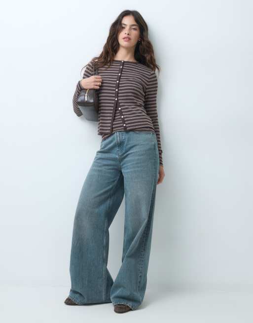 Abercrombie & Fitch coordinato 2 in 1 con cardigan e canotta soft touch a righe marroni, 4 di 5