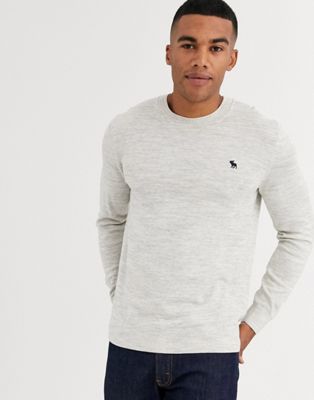 Abercrombie & Fitch core icon logo crew neck knit jumper in light grey ...