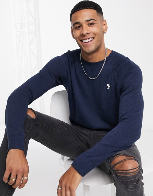 Abercrombie & Fitch core icon logo crew neck knit jumper in navy