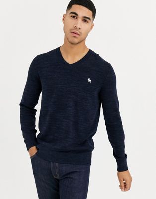 Abercrombie & Fitch core icon logo v neck knit jumper in navy