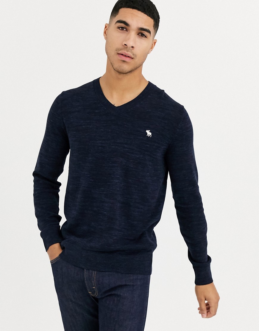 Abercrombie & Fitch Core Icon Logo V Neck Knit Sweater In Navy