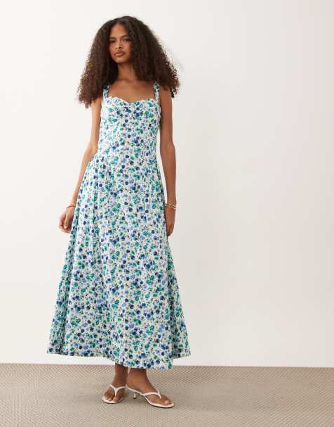 Abercrombie & Fitch corset detail maxi dress with bulit in bra in blue floral print - view 1