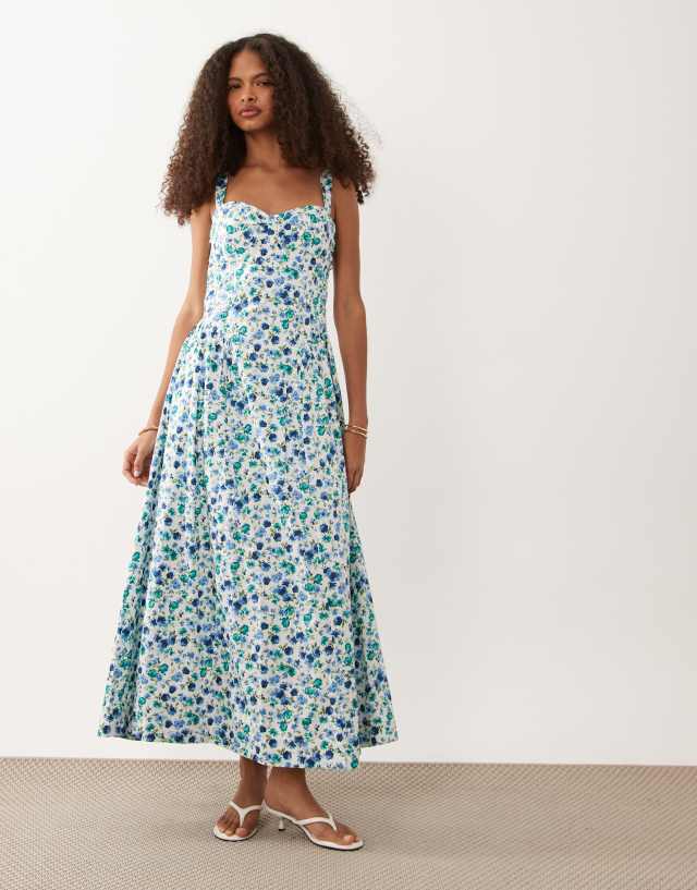 abercrombie and fitch blue floral dress & corset detail maxi with bulit in bra in print trend puff sleeves spectator shoes Color:As Picture Show Blue Dresses | Shop Milkmaid