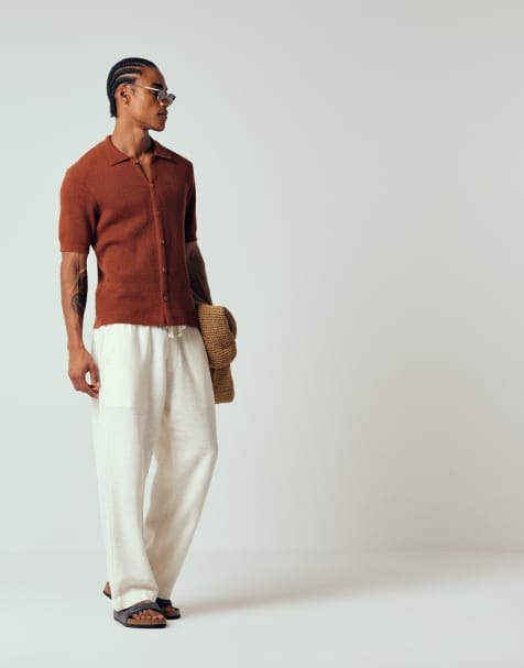 Abercrombie & Fitch cotton linen mix baggy fit rustic trousers  in white - view 1