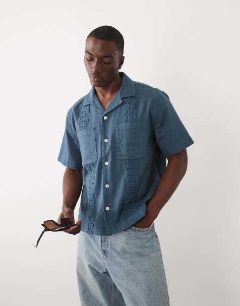 Abercrombie & Fitch cotton/linen mix boxy short sleeve shirt in blue embroidery - view 1