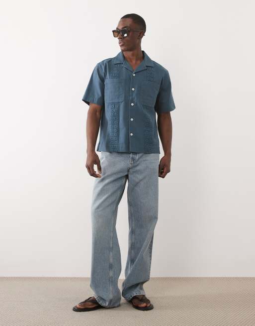 Abercrombie & Fitch cotton/linen mix boxy short sleeve shirt in blue embroidery