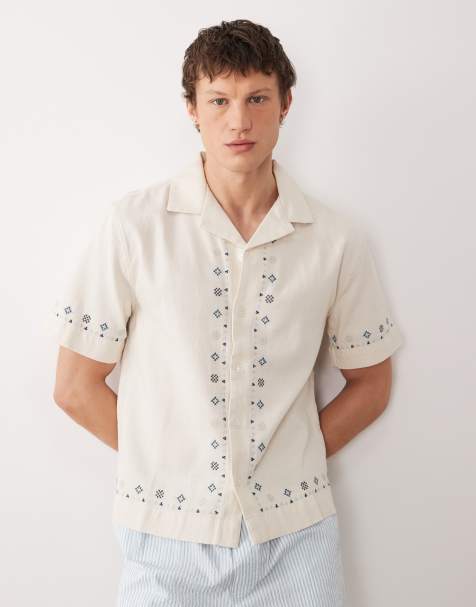 Abercrombie & Fitch cotton linen mix embroidered pattern short sleeve shirt in cream